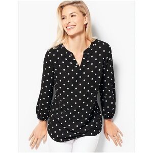 Talbots Classic Crepe Tunic Top Size LP Black White Slit‎ Neck 3/4 Sleeve Blouse